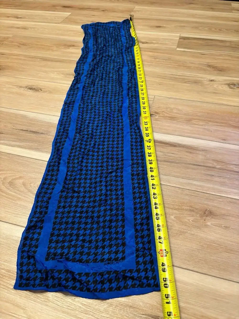 Albert Nipon Vintage Blue and Black Houndstooth Silk Long Scarf